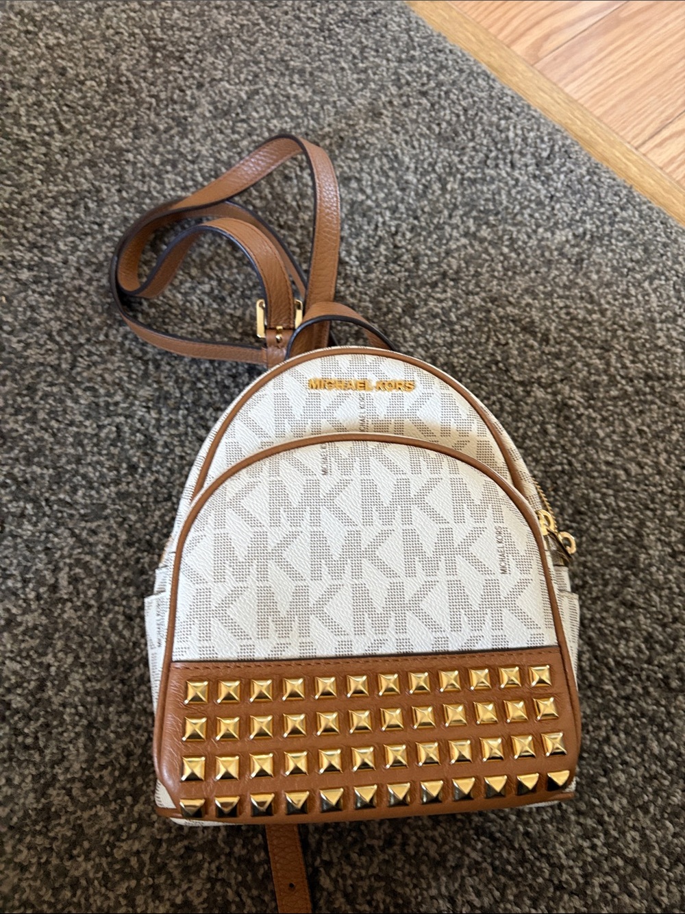 Michael Kors White and Tan Logo Mini Backpack with Gold Stud Accents
